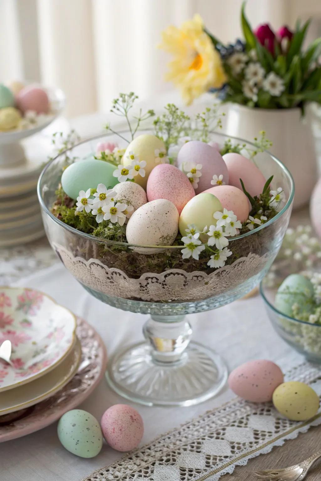A trifle bowl highlighting the joy of the season with colorful eggs.
