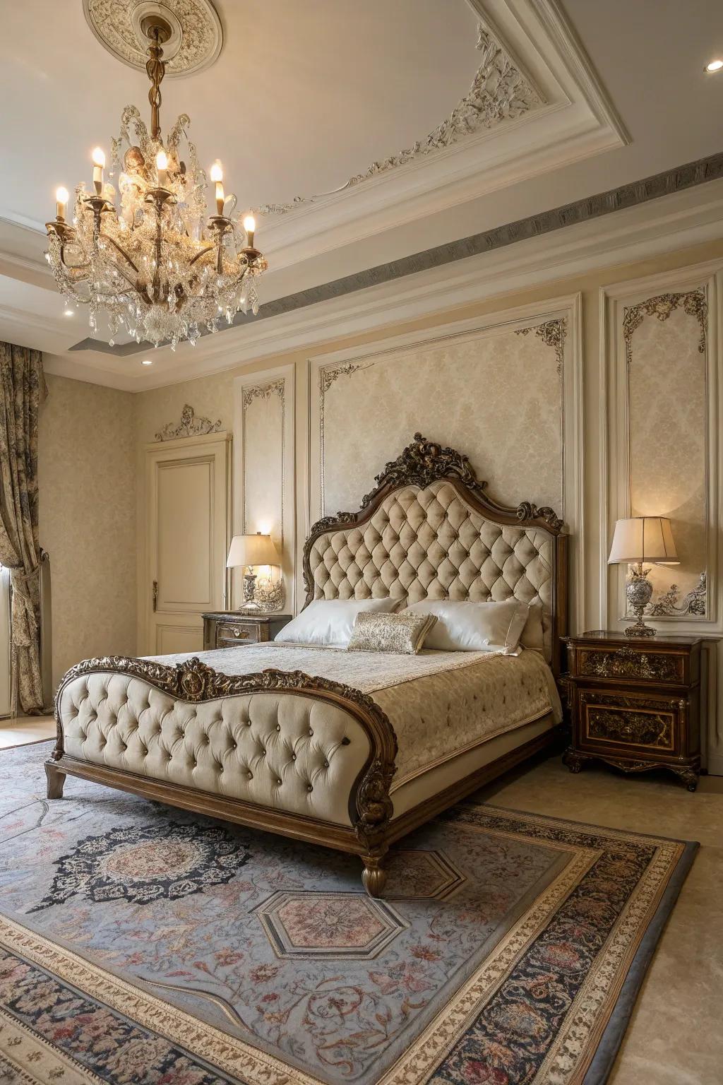 A Victorian bedroom with an elegant tufted headboard.