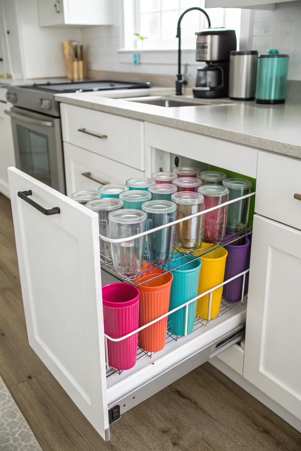Slide-out cabinet system for easy tumbler access.