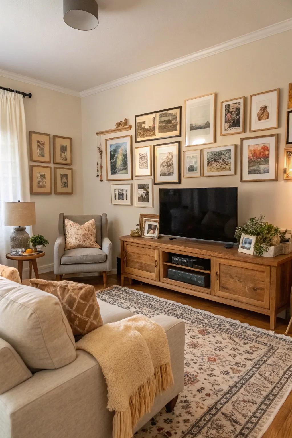 Comforting textiles create a cozy TV gallery wall alcove.