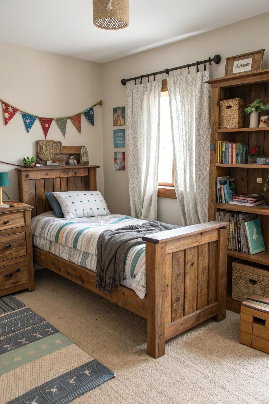 A bedroom with eco-friendly materials like reclaimed wood and organic cotton.
