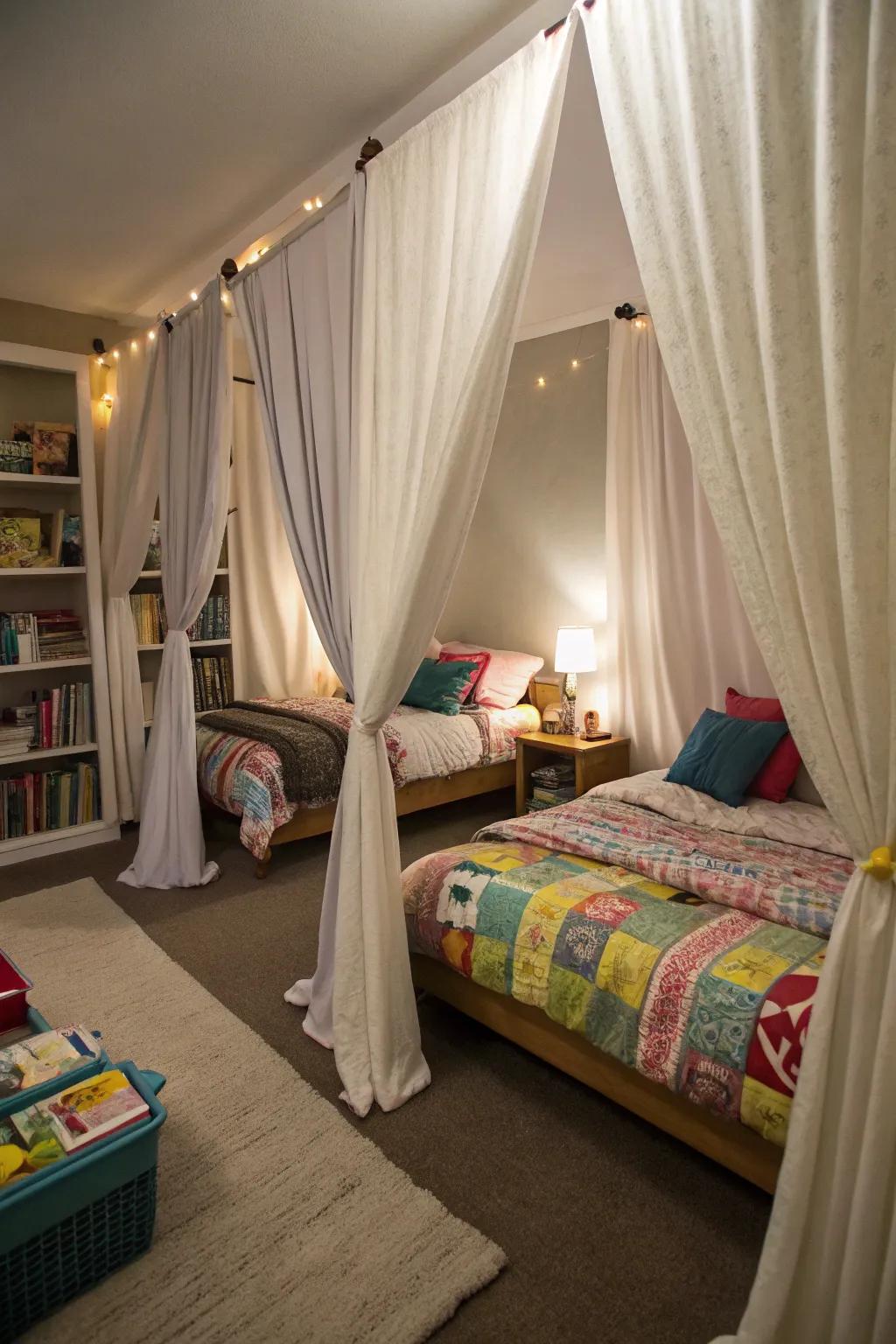 Curtains provide privacy in shared twin bedrooms.