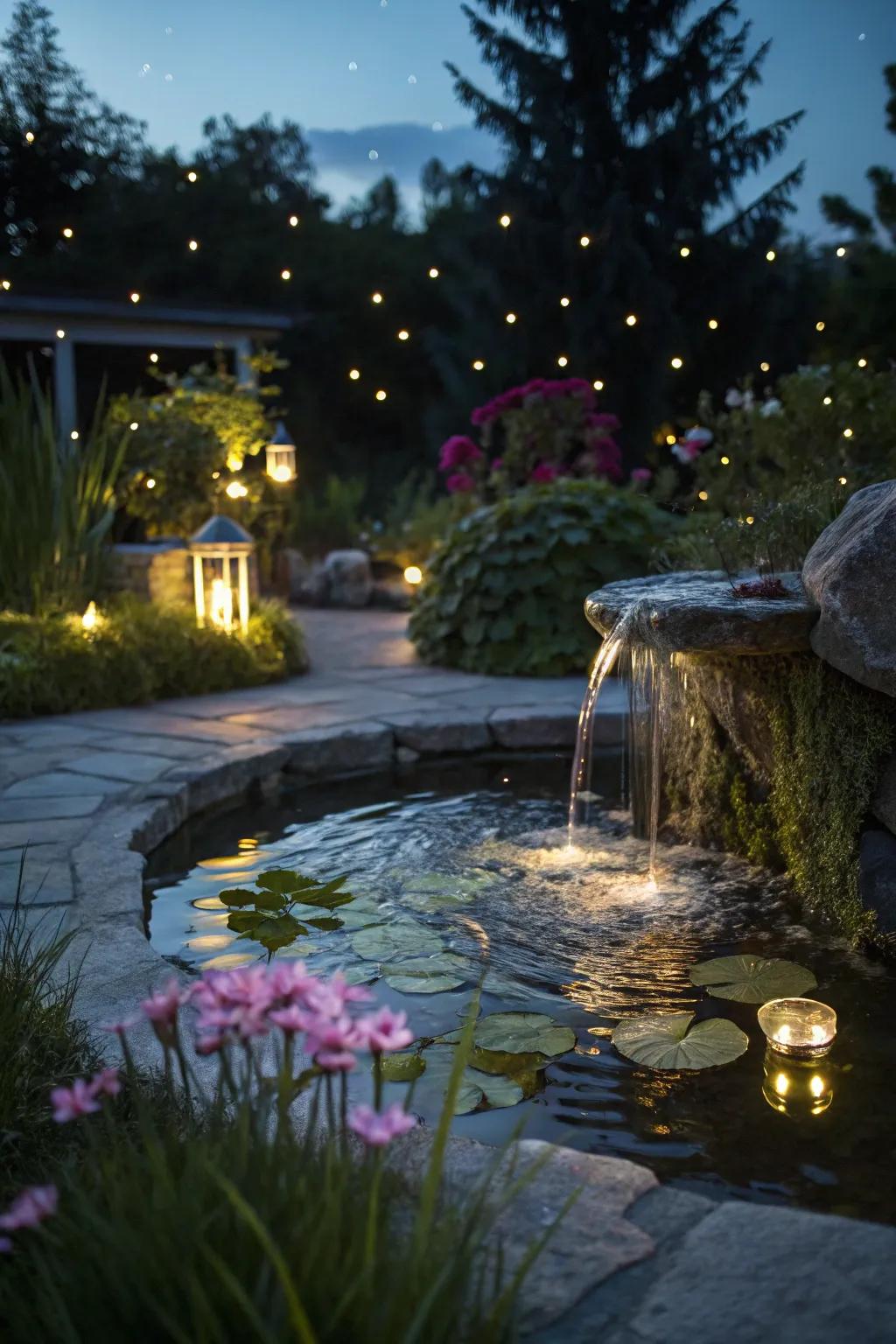 Submerged illumination incorporates nighttime drama and magic.