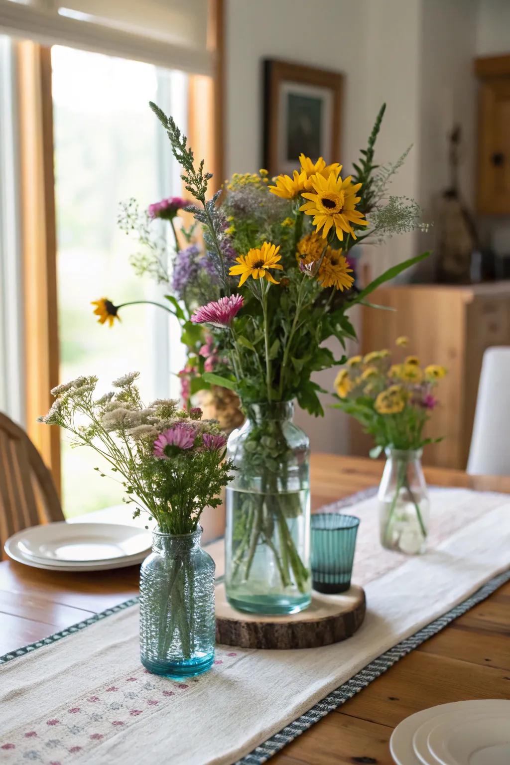 Recycled glass and wildflowers for eco-conscious charm.
