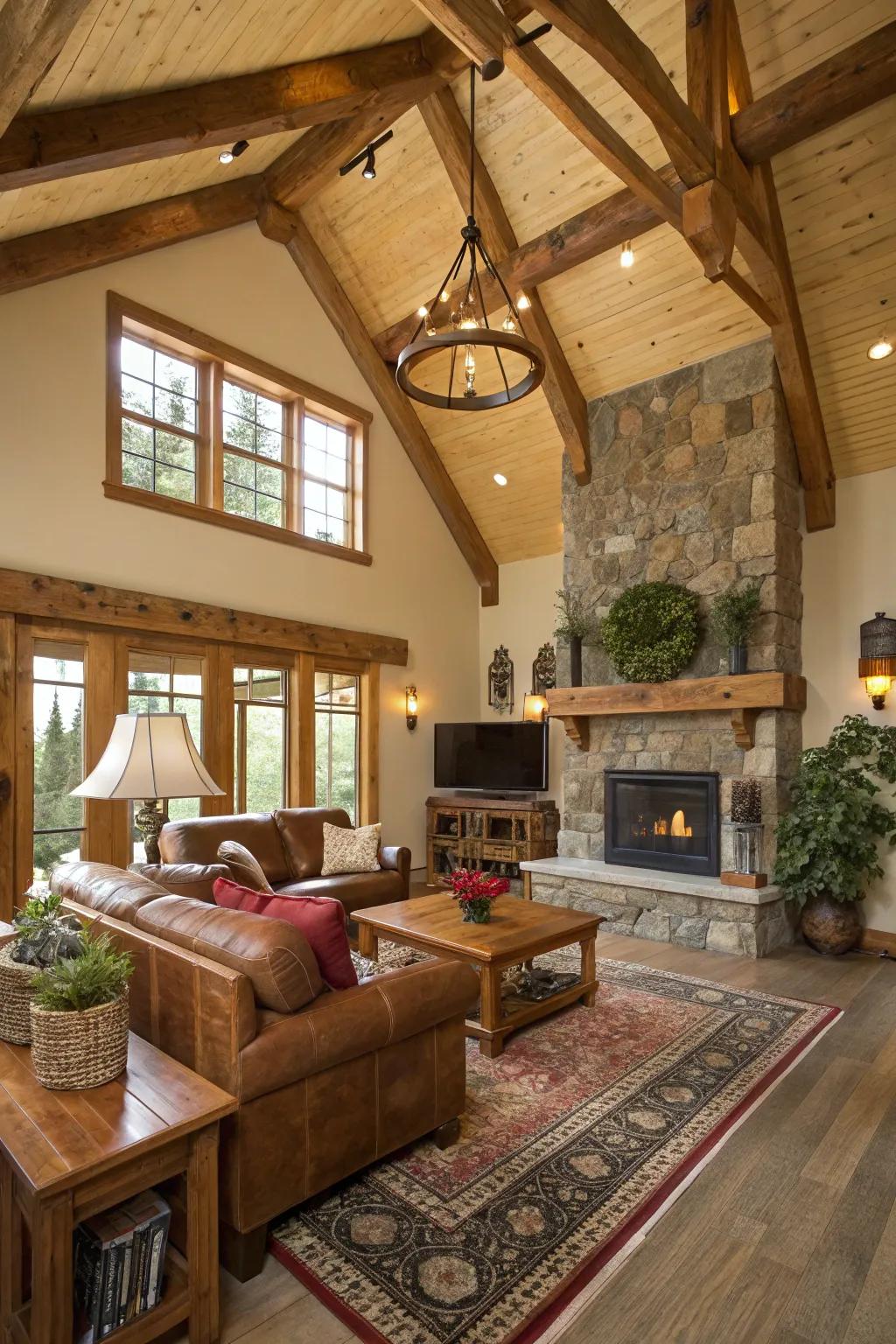 Nature-inspired design achieved with undulating woodwork on a vaulted ceiling.