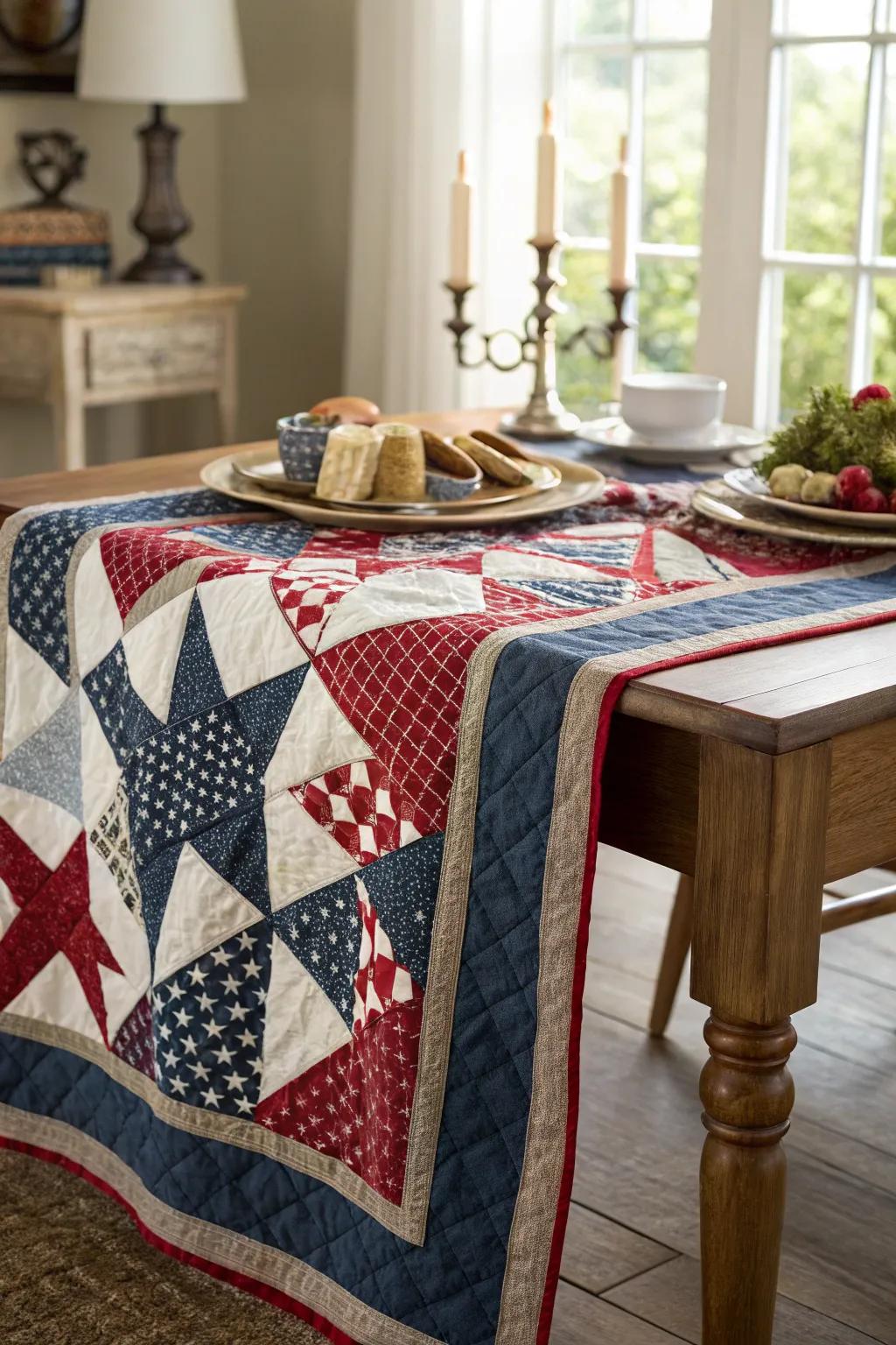 A patriotic quilt adding warmth to the table.