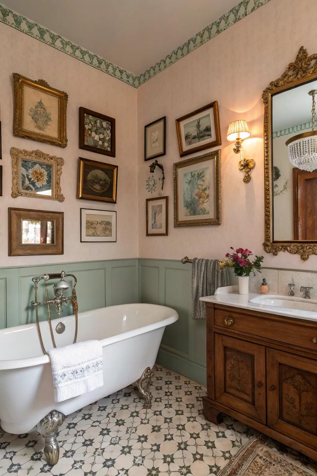 Framed art adds historical intrigue and color.