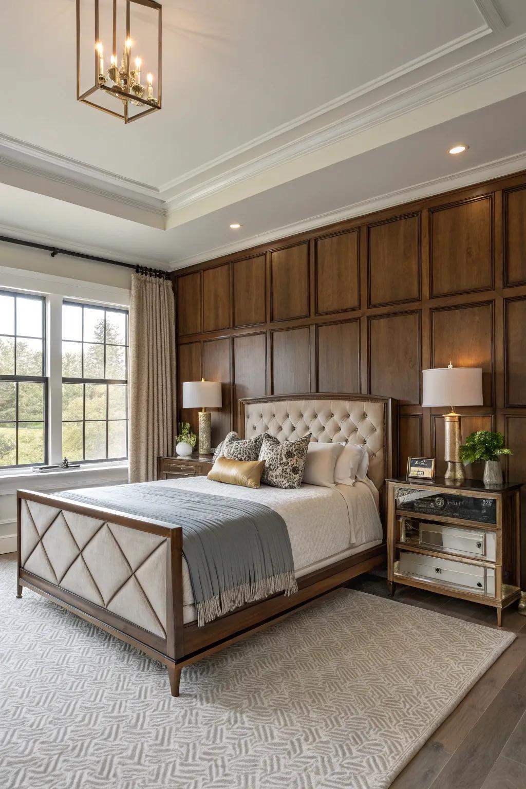 A blend of materials within wainscoting introduces a modern element to your bedroom.