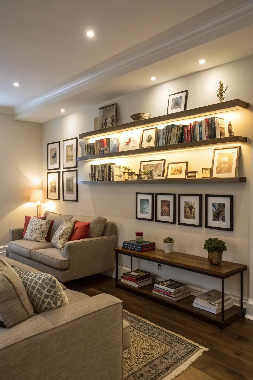 Elevated shelving establishes a versatile and contemporary display area.