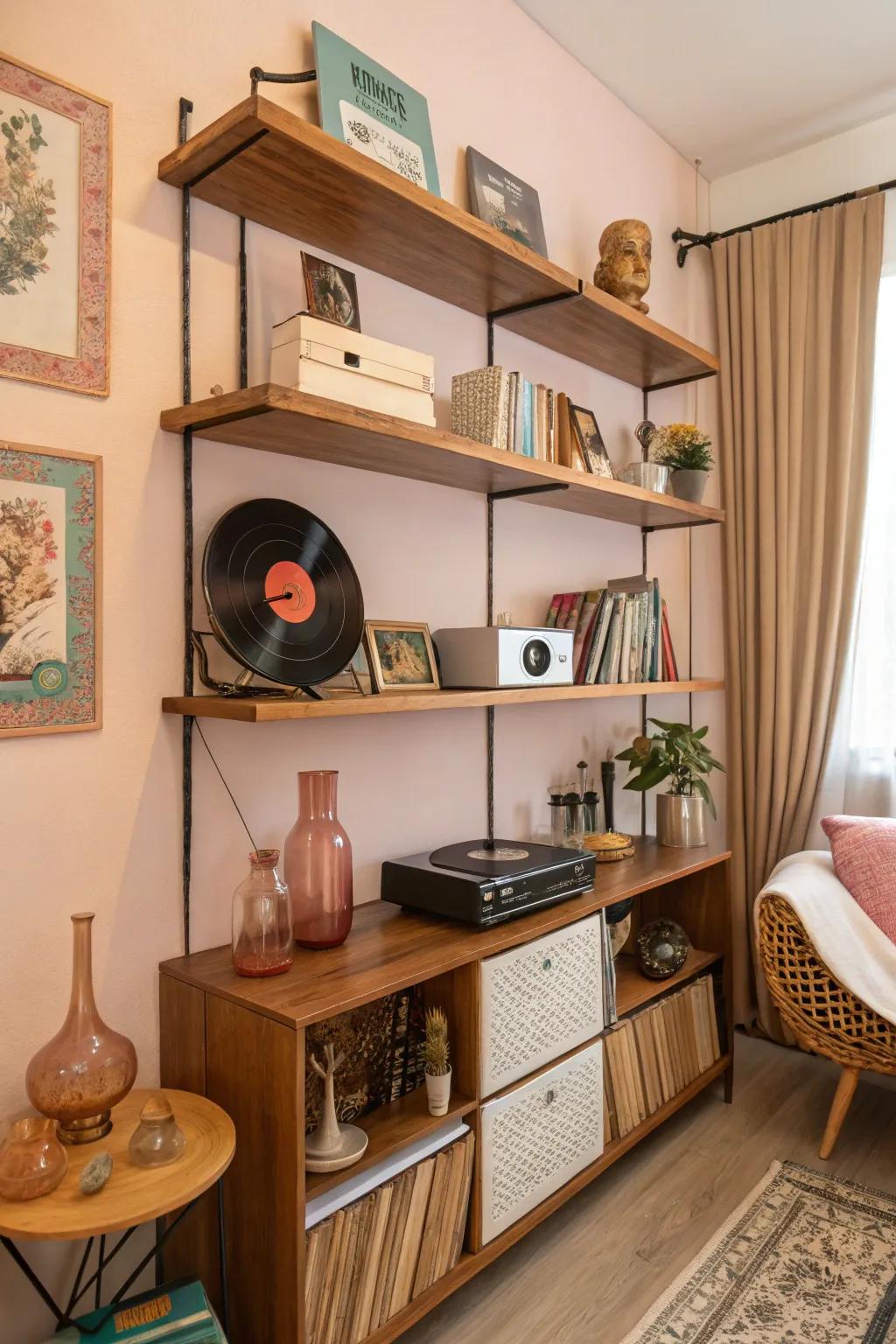 Impart personality using retro styled shelves.