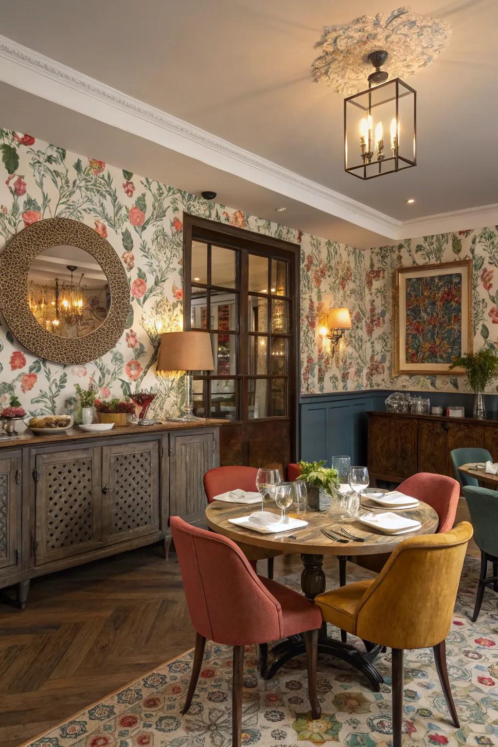 Varied wallpaper fashions a vibrant and welcoming dining space.