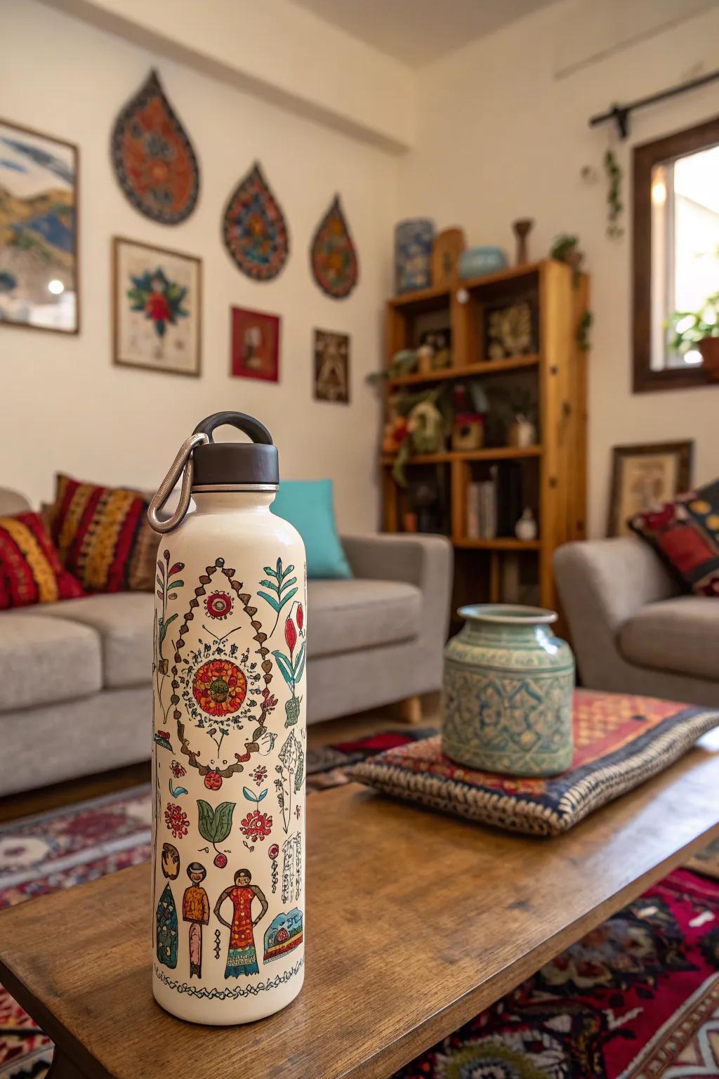 Cultural motif reusable beverage container aesthetics for a worldly touch.