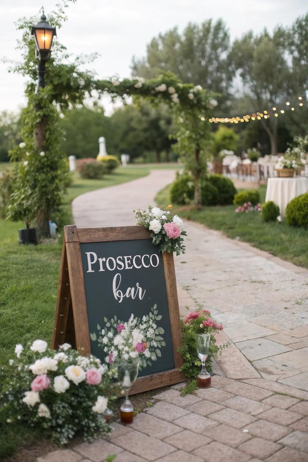 A garden pathway leading to a Sparkling Wine station.