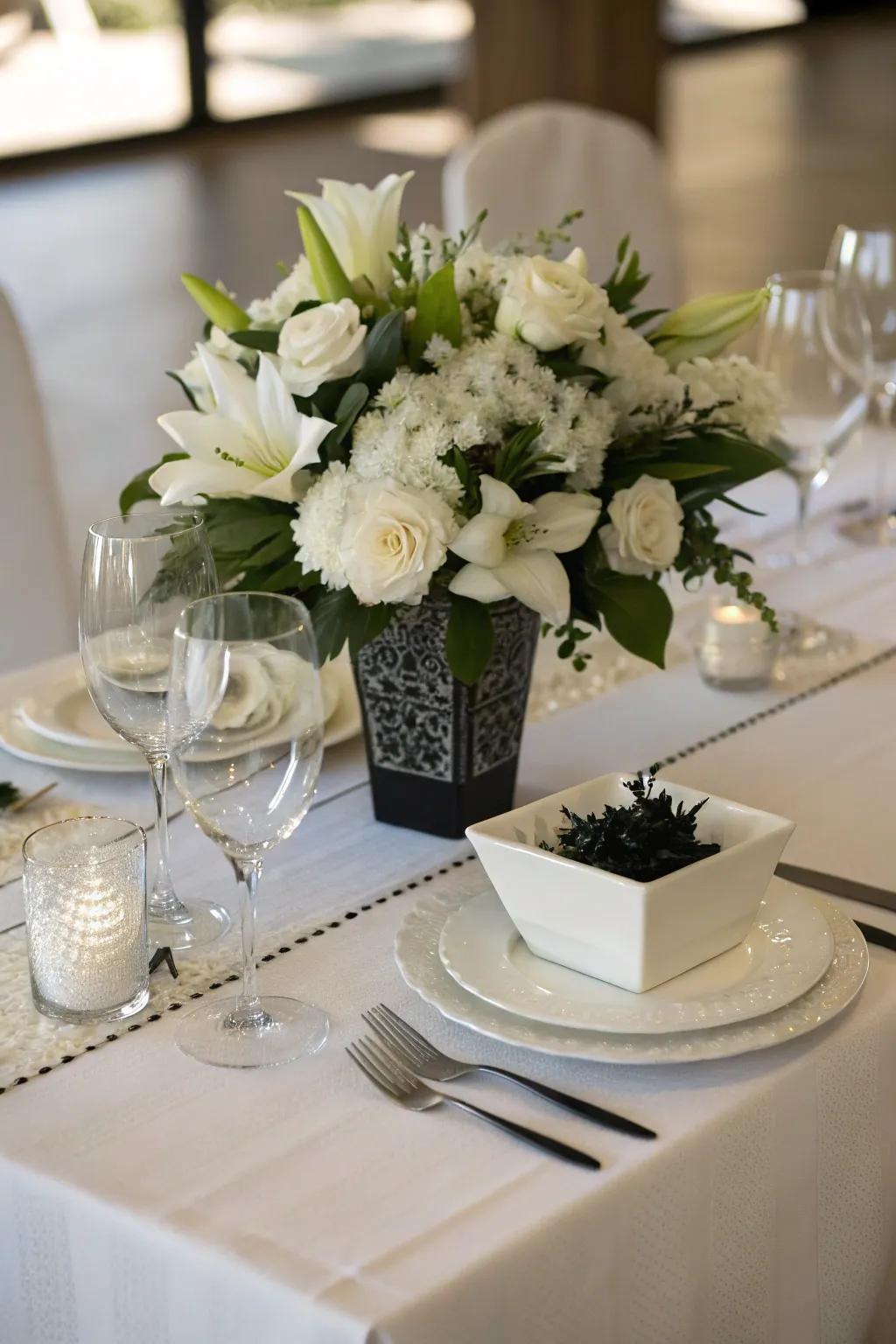 A chic black and white centerpiece exudes modern elegance.