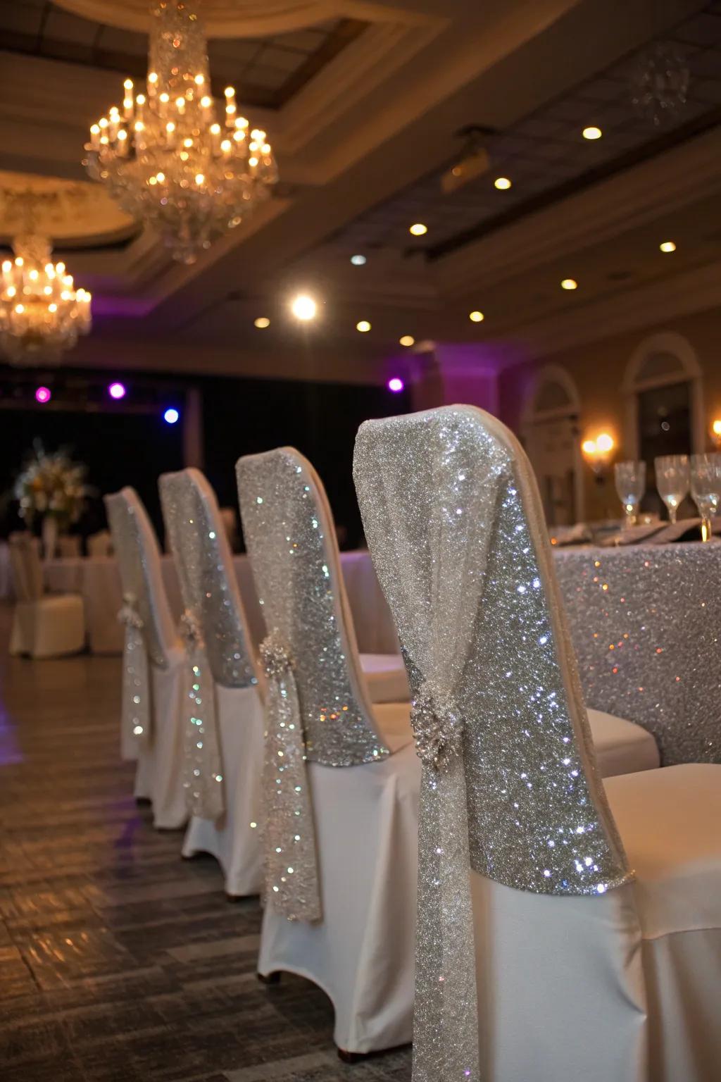 Sequin decorations contribute a dazzling effect to evening weddings.