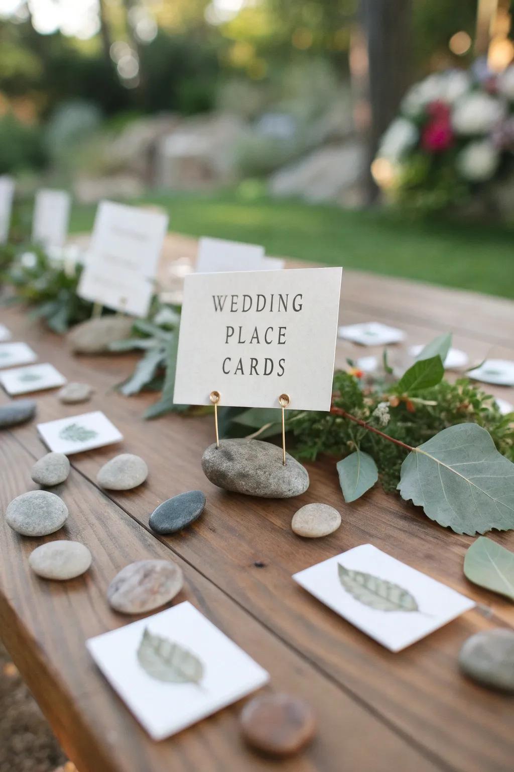 Wedding place cards made with natural parts such as leaves and stones.