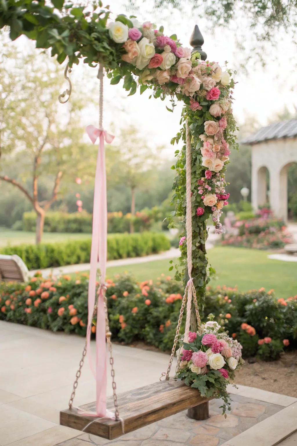 A botanical swing offers a distinctive and joyful photo opportunity.