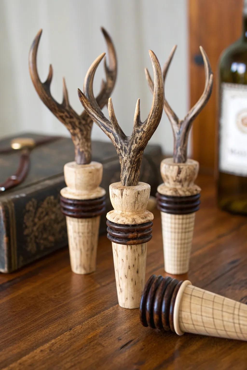 Horn-shaped bottle seals as a rustic and singular wedding token
