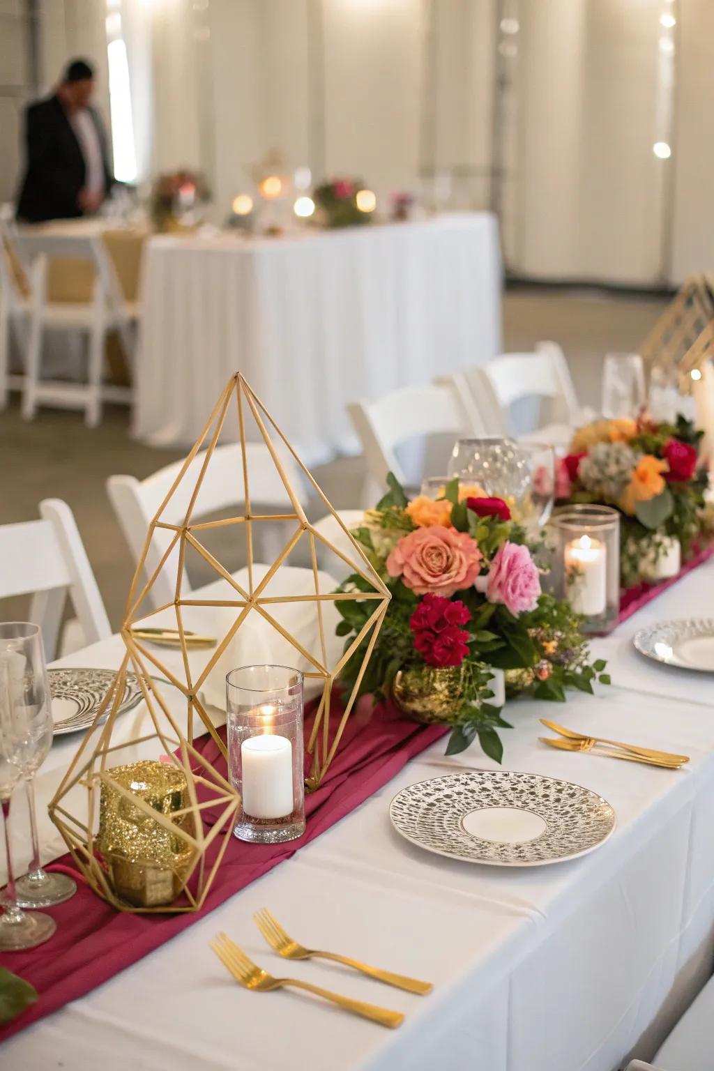 Geometric centerpieces add a modern twist.