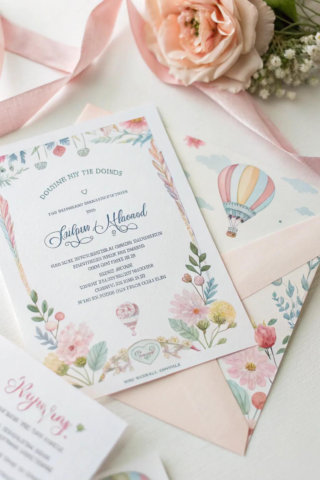 Dreamy wedding announcement adorned with whimsical watercolor art.