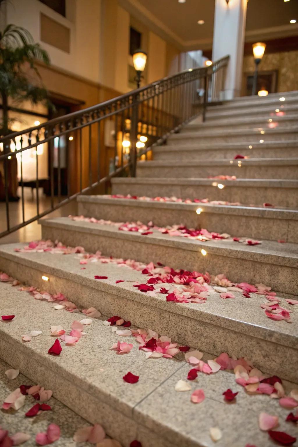Rose petals dispersed alongside the steps introduce classic romantic refinement.