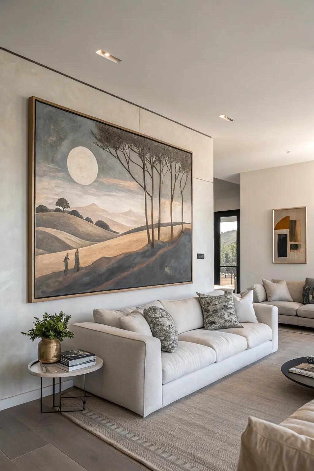 A minimalist surrealist canvas injecting intrigue into a contemporary living space.