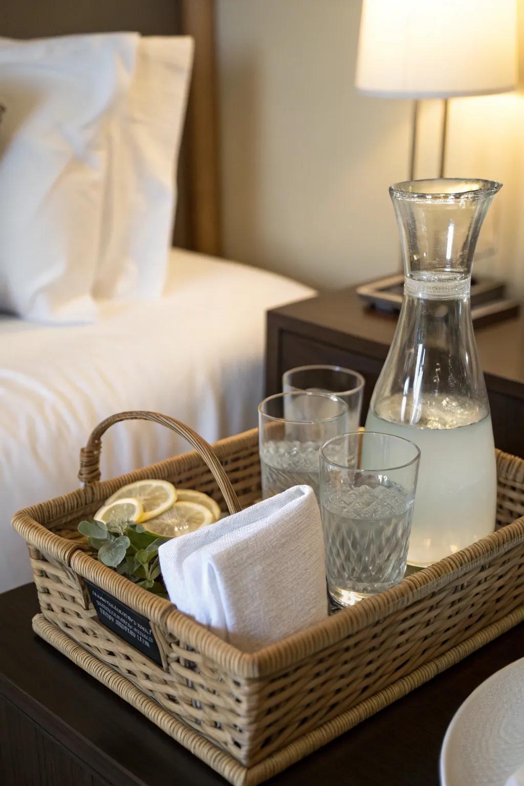 An elegant water carafe offers a touch of fine hospitality.