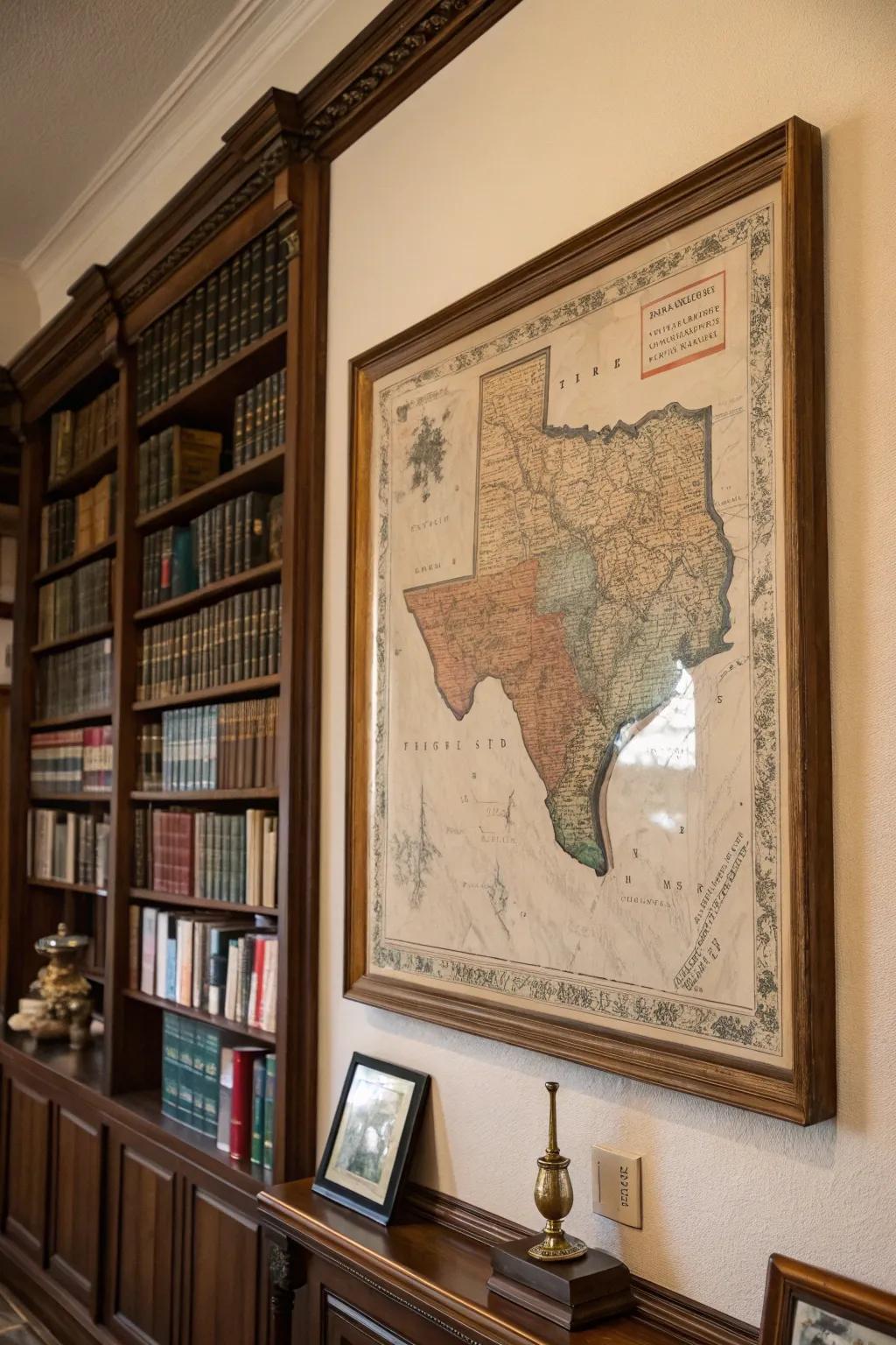 Framed old map of Texas evoking adventure.