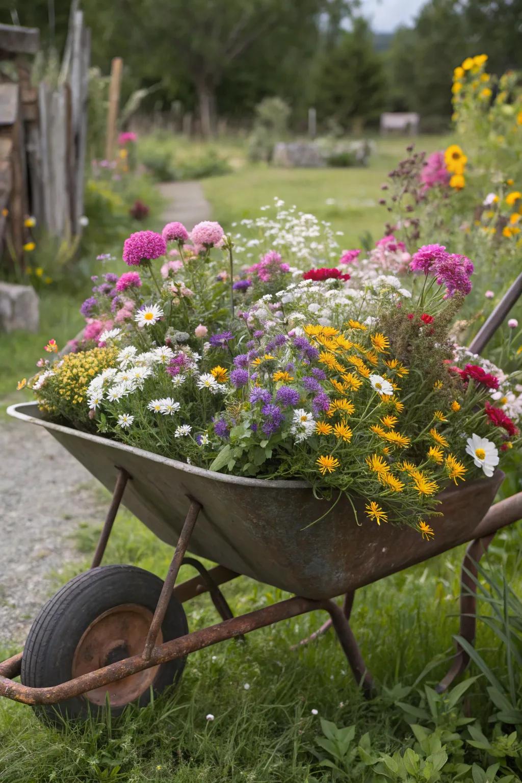 Attract insects with a lively wildflower wheelbarrow.