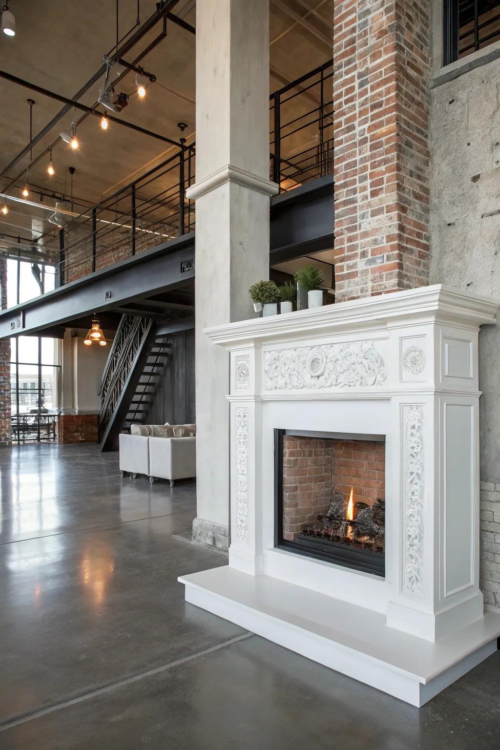 Industrial elements add a chic urban edge to a white fireplace.