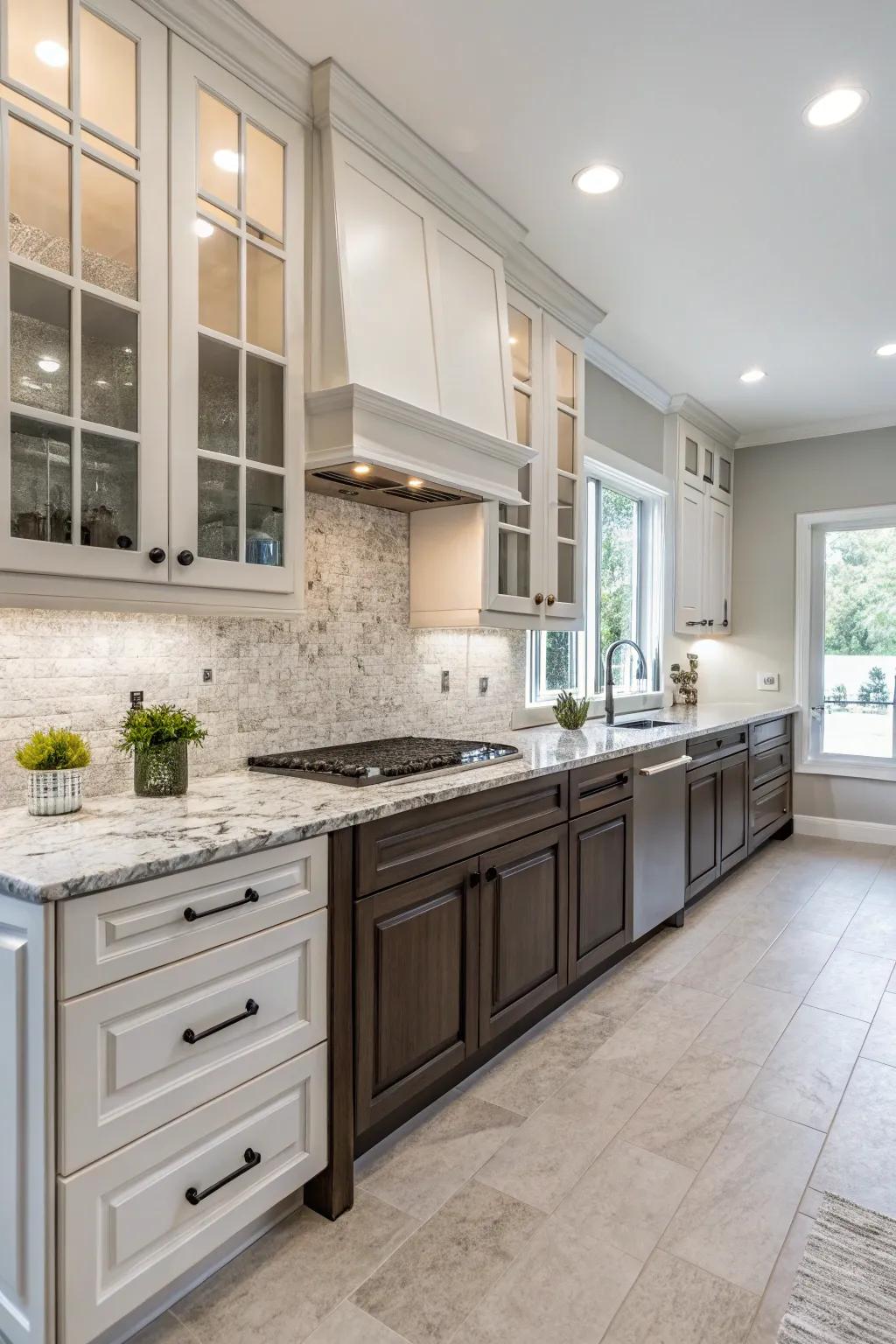 Dual-shade cabinets add depth to a kitchen with frost white granite.