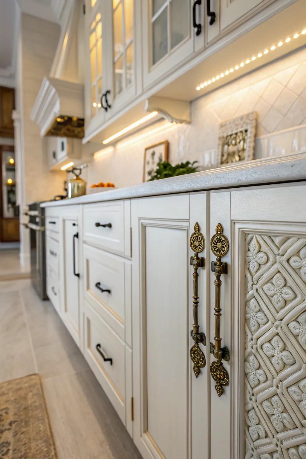 Vintage charm with decorative cabinet clasps.