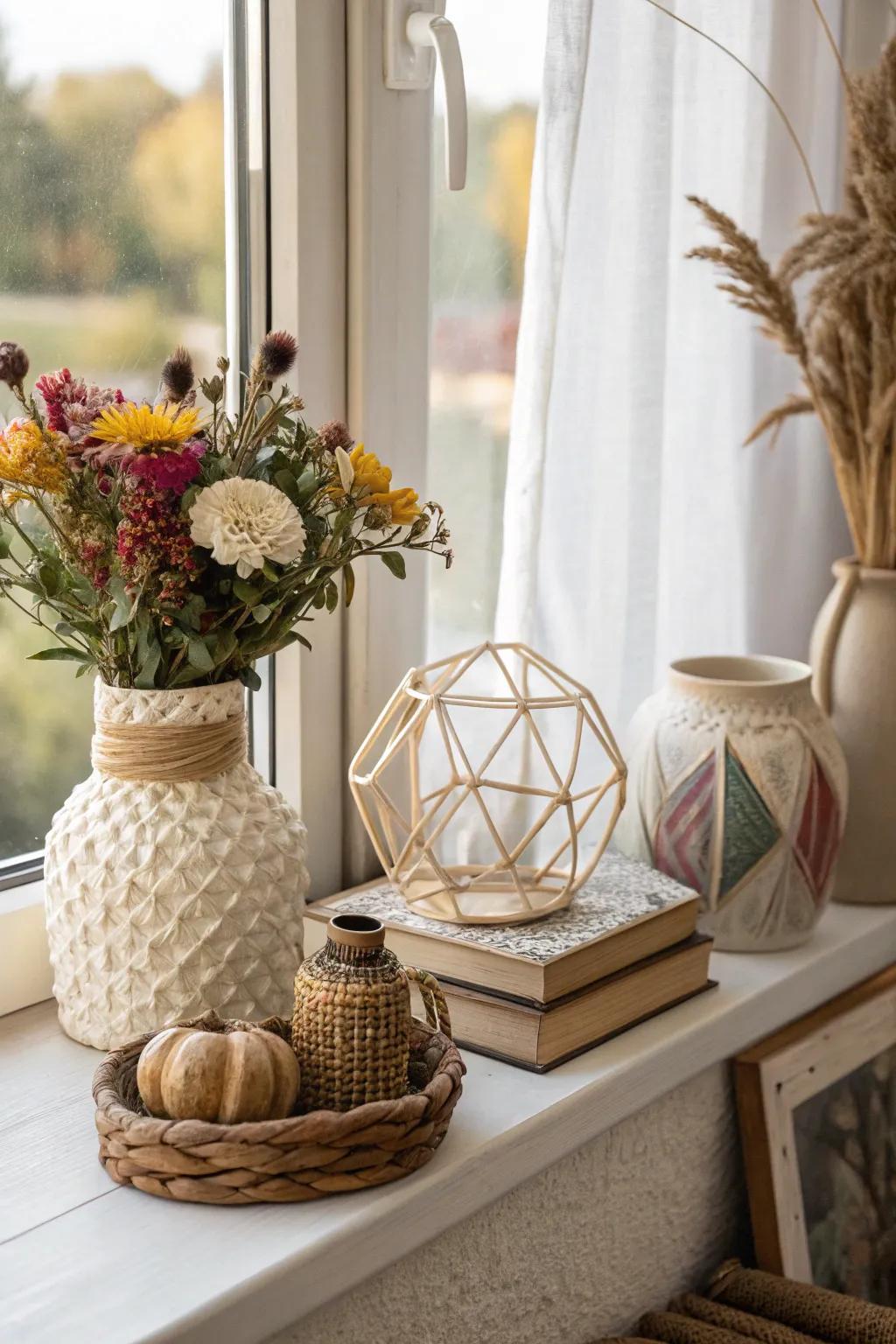 An eclectic collection of decor elements creates a unique windowsill.