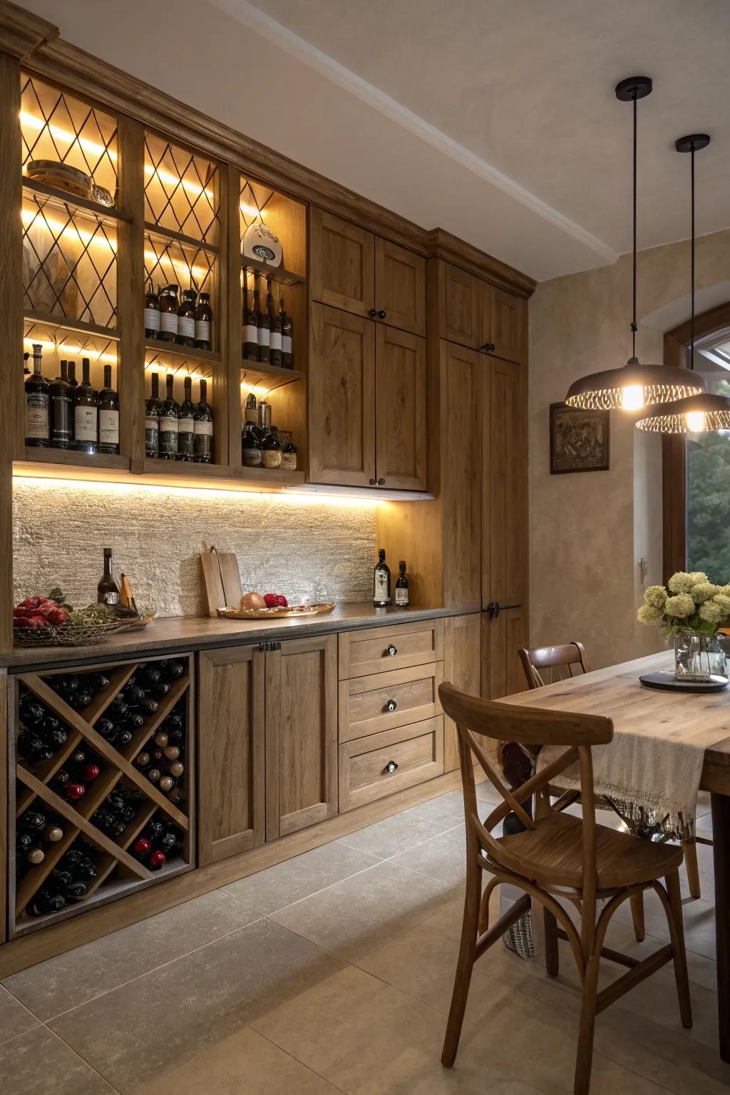 Mood lighting enhances the appeal of wine storage.