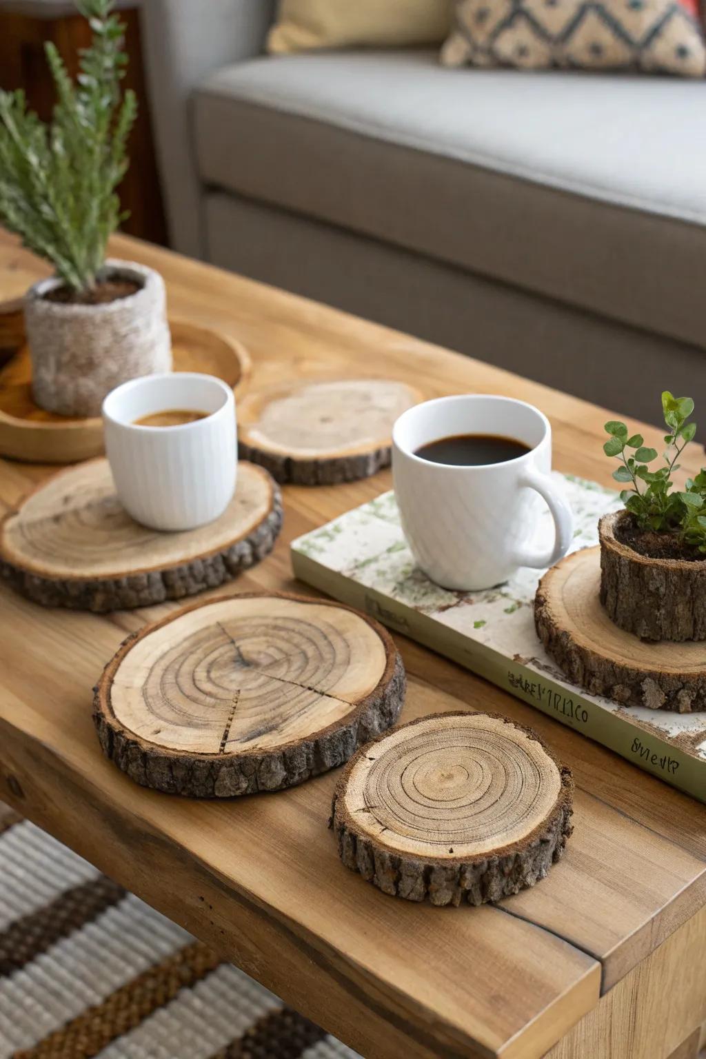 Wood slice coasters are functional and decorative.