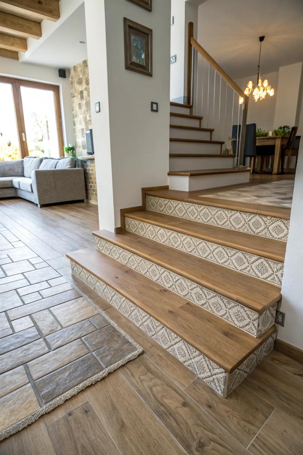 A split-level interior showcasing a step transition between differing floor types.