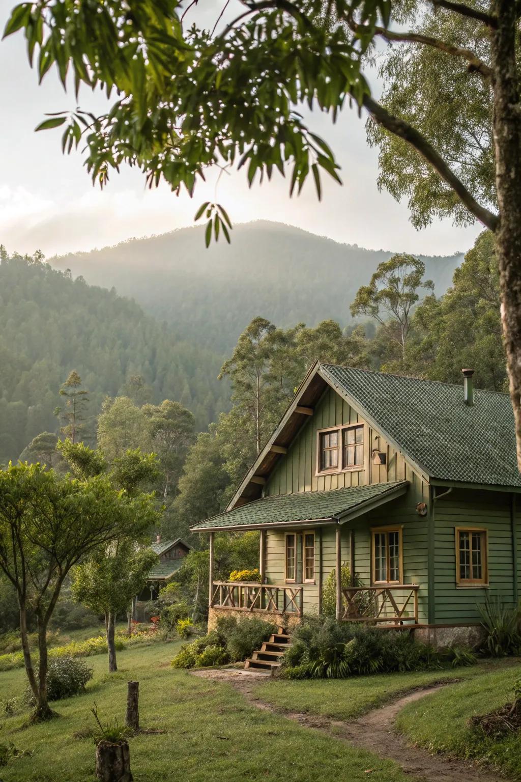 A wood house that seamlessly blends with nature using tranquil green shades.