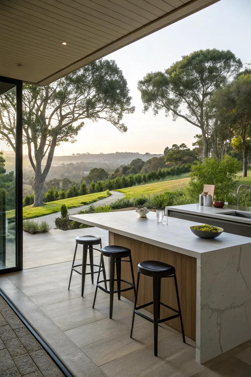 An island positioned to make the most of scenic lighting enhances the kitchen experience.
