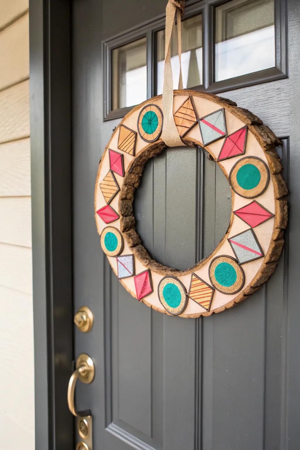 Modern geometric wood round wreath offers sleek style.