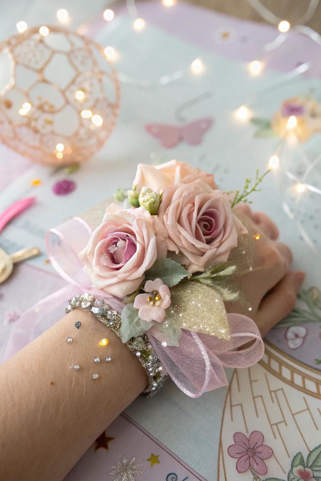 Whimsical wrist corsage featuring a fairytale dream theme.