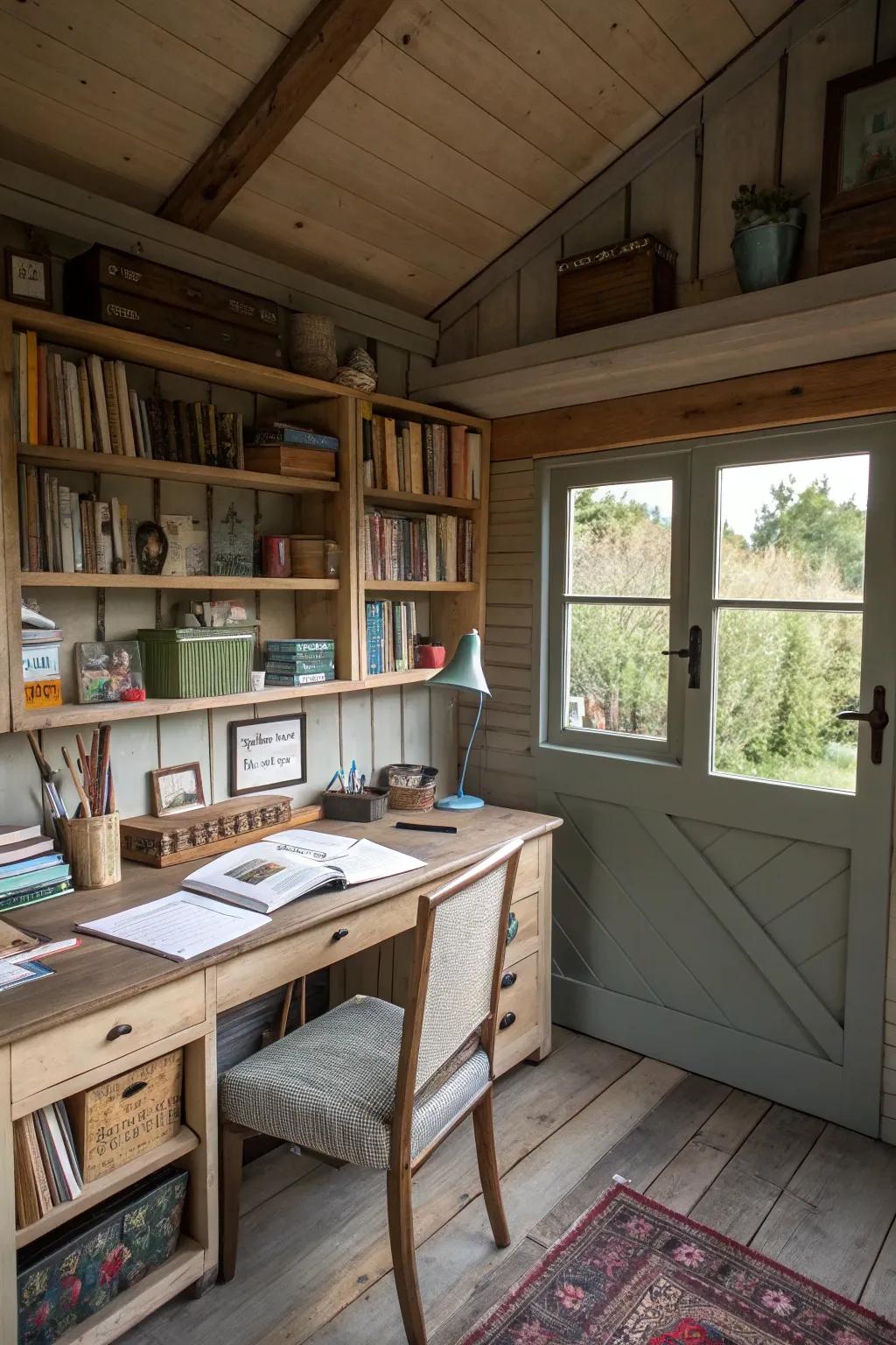 A writing shed designed with functional decor for optimal space use.
