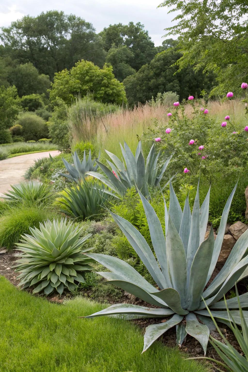 Metallic desert plants offer a modern twist in this garden.