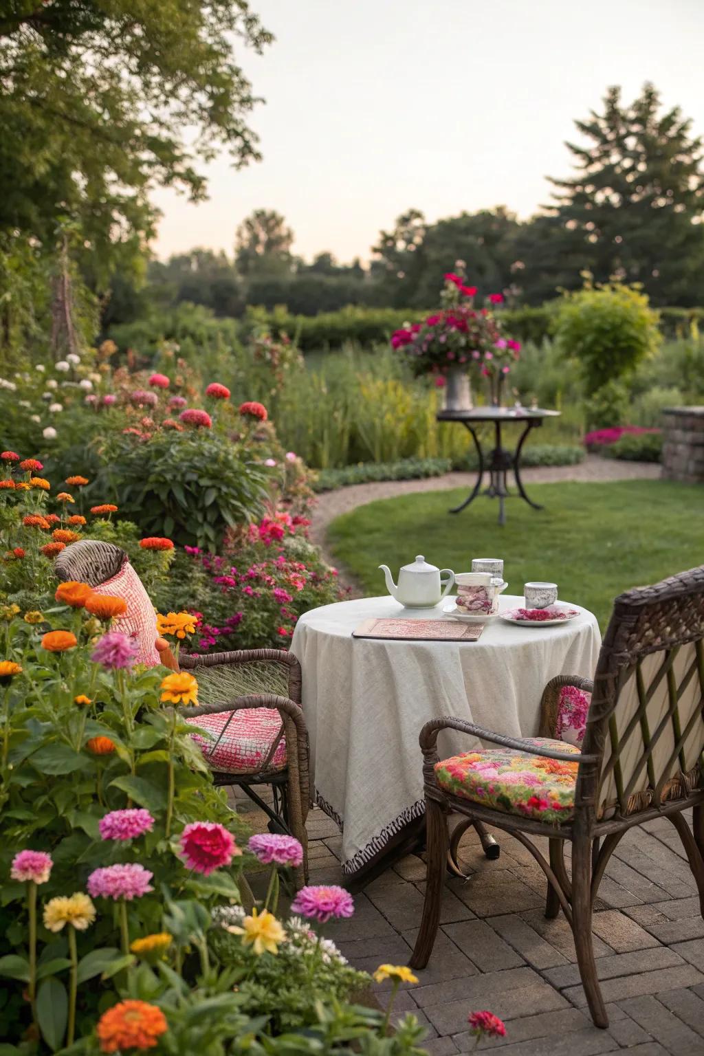A serene tea garden surrounded by vibrant 'Blooms of Joy'.