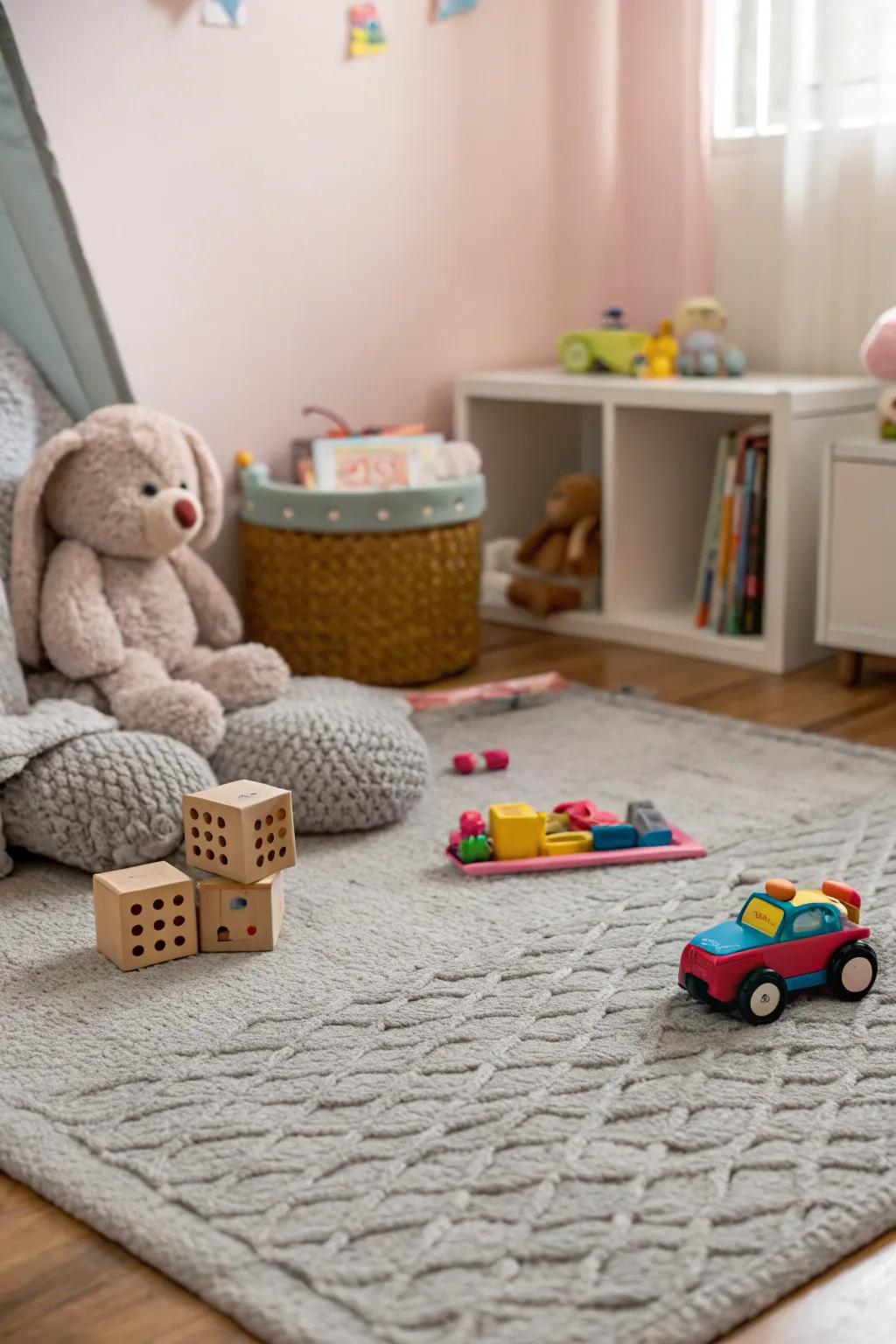 A soft textured rug brings warmth and comfort to a toddler's room.