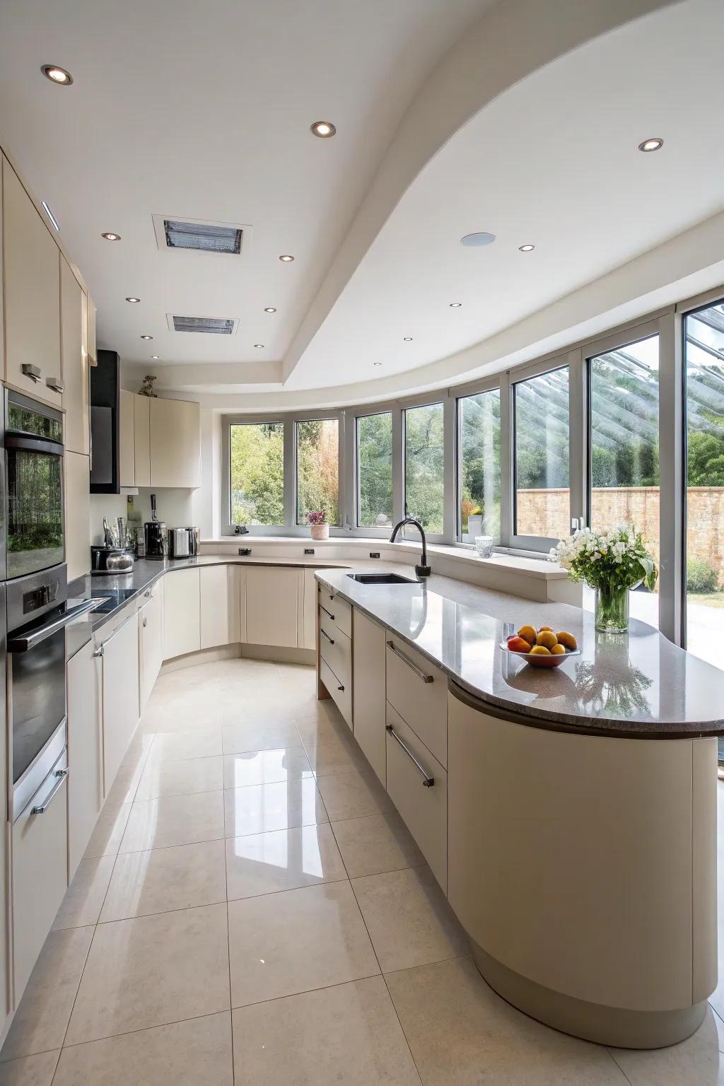 Curved countertops add elegance and enhance the flow.