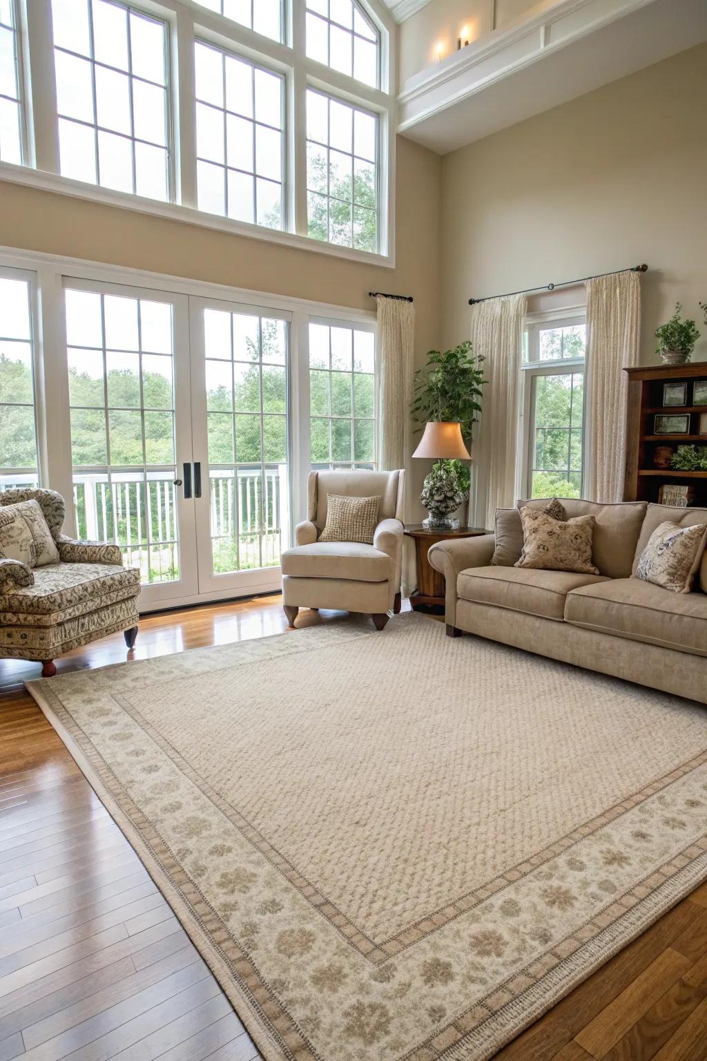 A neutral rug anchors the room and adds texture.