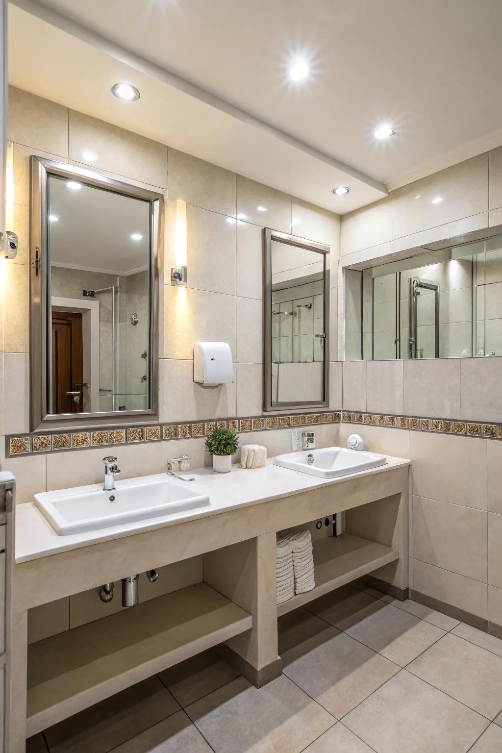 Strategically placed mirrors can amplify light and space in small bathrooms.