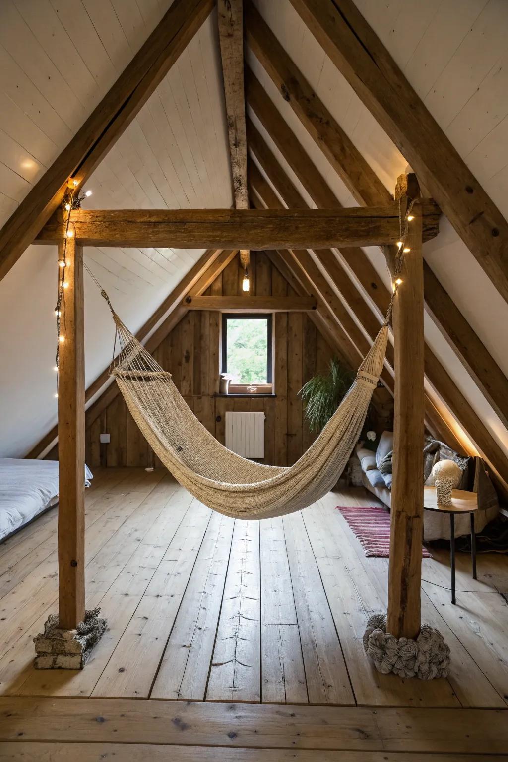 A hammock space establishes a unique and playful relaxation spot within your attic.