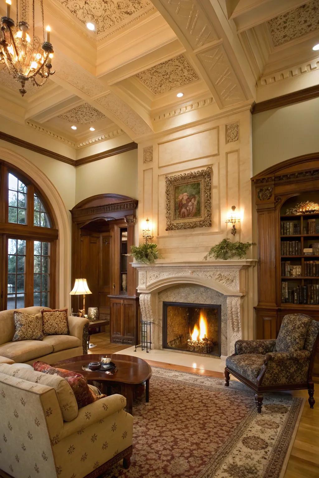 Structural elements inject dimension and elegance above the fireplace.
