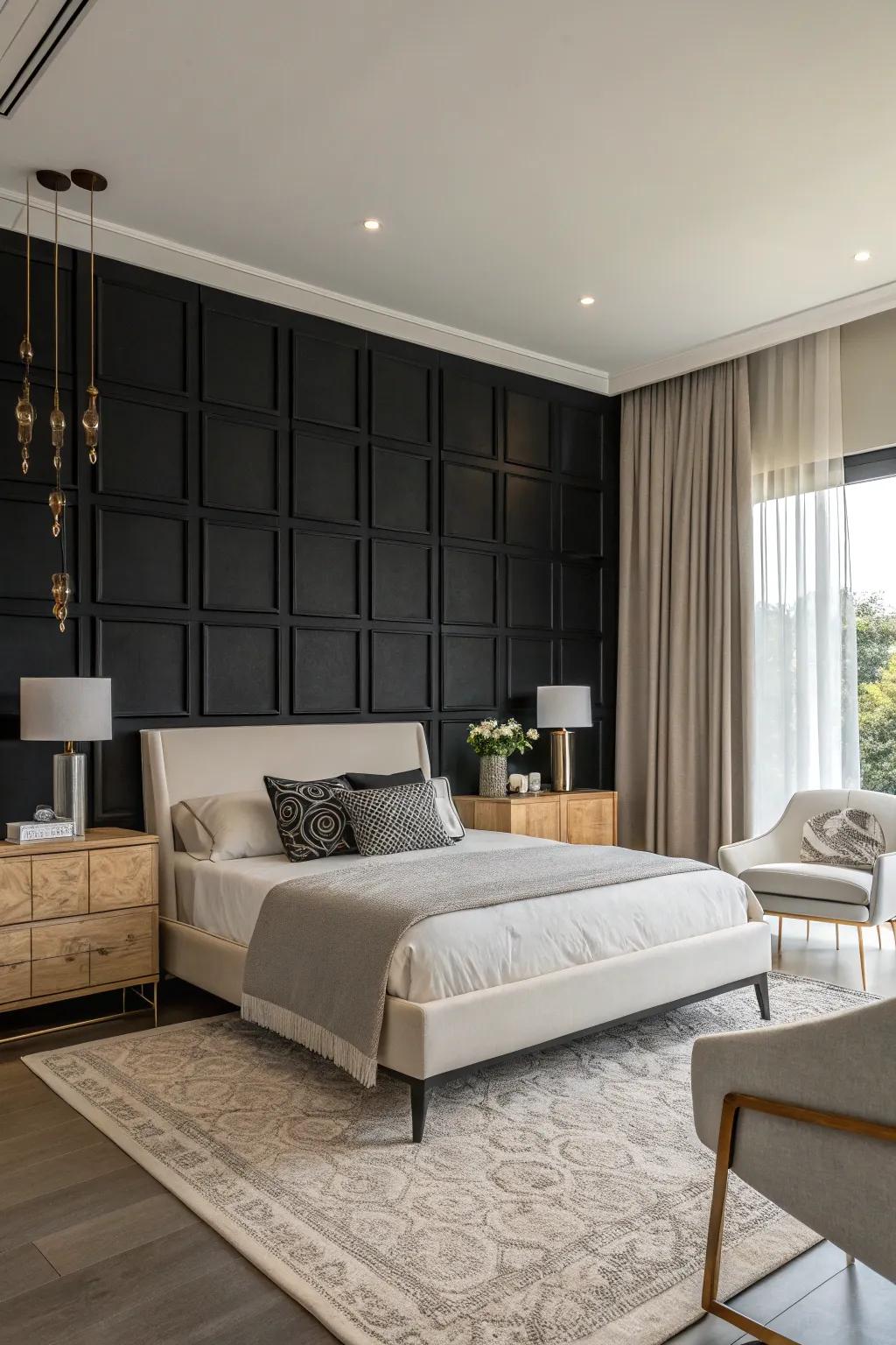 A dark feature wall adds bold contrast and sophistication to the bedroom.